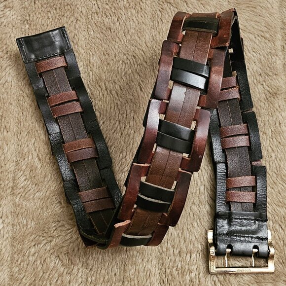 $495 D Squared woven leather double prong brown belt main image 7